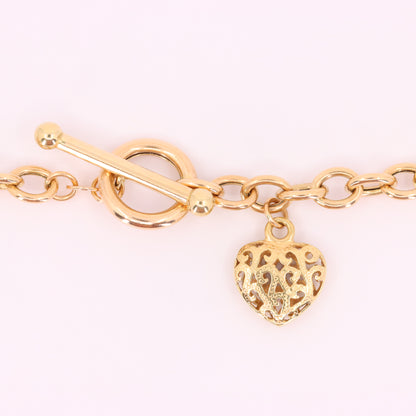 Vintage 9ct Hallmarked Yellow Gold T Bar Slider Heart Charm Belcher Chain Necklace Boxed Gift