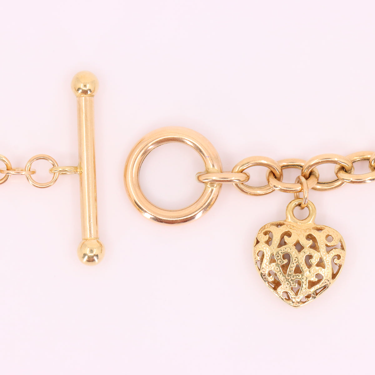 Vintage 9ct Hallmarked Yellow Gold T Bar Slider Heart Charm Belcher Chain Necklace Boxed Gift