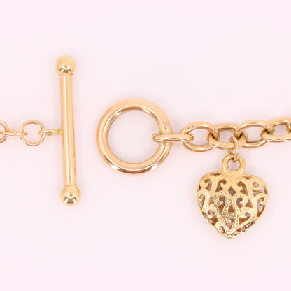 Vintage 9ct Hallmarked Yellow Gold T Bar Slider Heart Charm Belcher Chain Necklace Boxed Gift