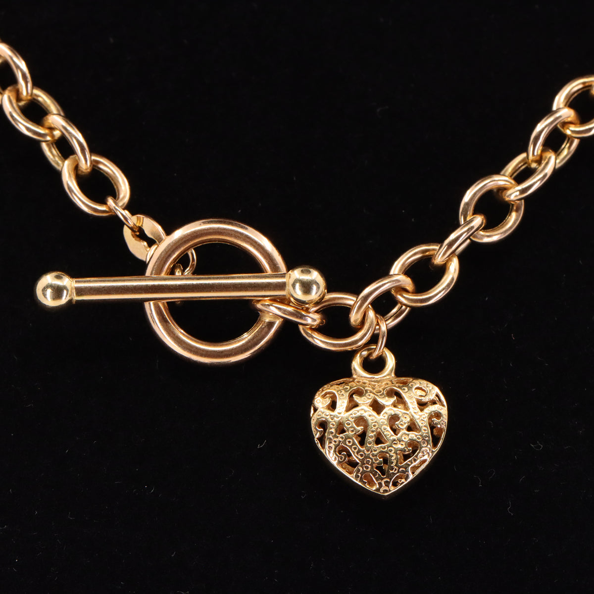Vintage 9ct Hallmarked Yellow Gold T Bar Slider Heart Charm Belcher Chain Necklace Boxed Gift