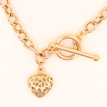Vintage 9ct Hallmarked Yellow Gold T Bar Slider Heart Charm Belcher Chain Necklace Boxed Gift