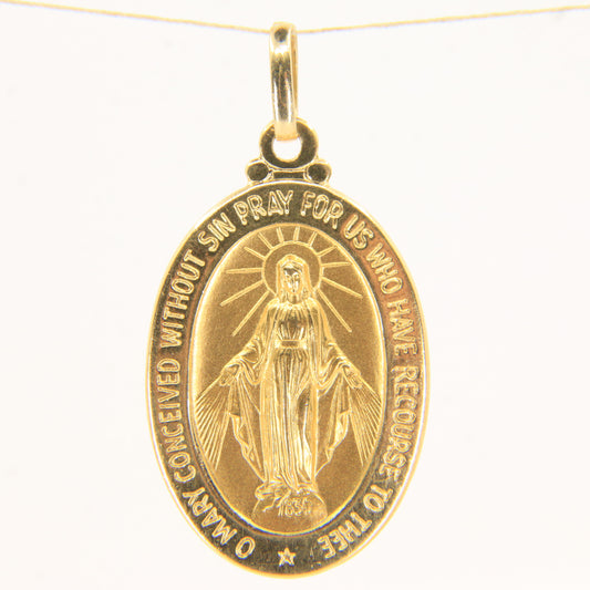 Vintage 18k Yellow Gold Miraculous Mary Medal Pendant Religious Italian Unoaerre