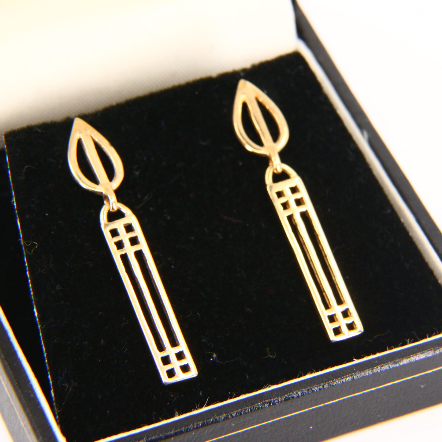 Vintage 9ct Charles Rennie Mackintosh Drop Earrings Hallmarked Yellow Gold Boxed