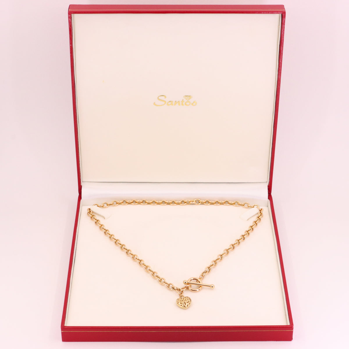 Vintage 9ct Hallmarked Yellow Gold T Bar Slider Heart Charm Belcher Chain Necklace Boxed Gift
