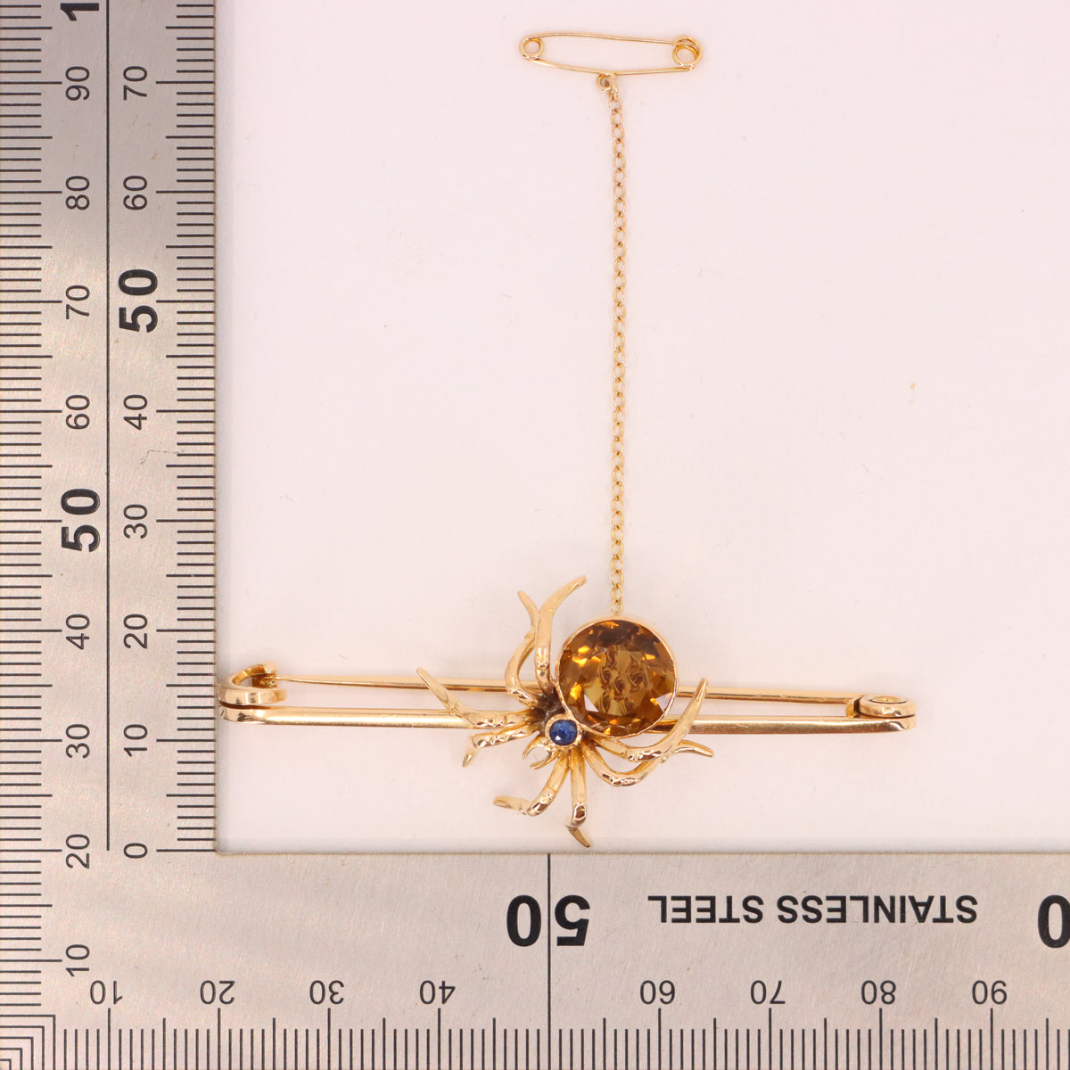 Antique 15ct Yellow Gold Sapphire Smoky Quartz Spider Brooch Safety Chain Boxed