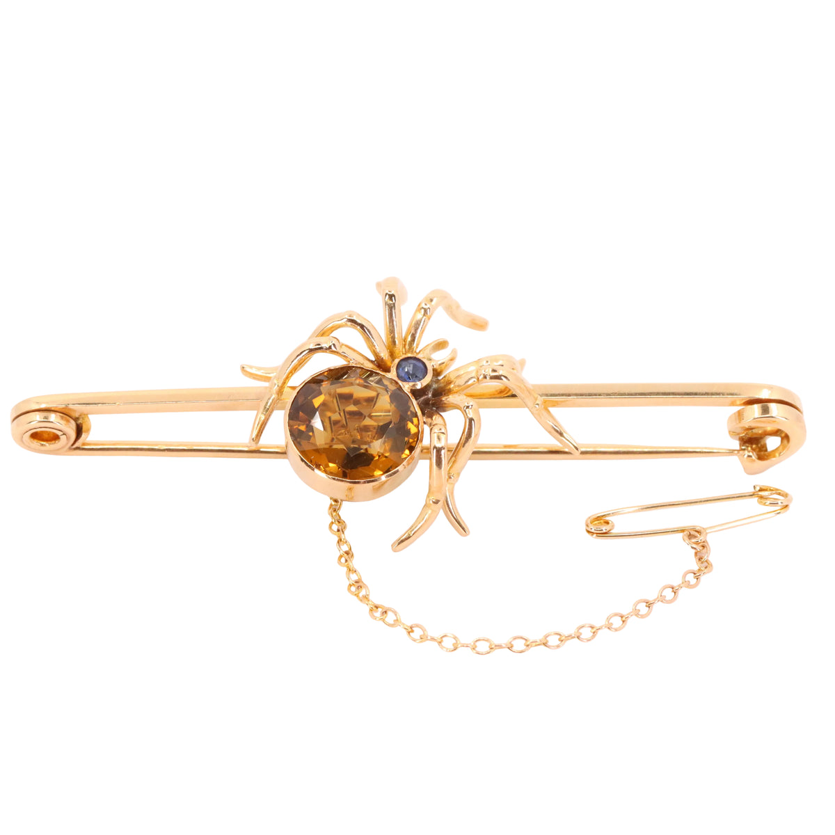 Antique 15ct Yellow Gold Sapphire Smoky Quartz Spider Brooch Safety Chain Boxed