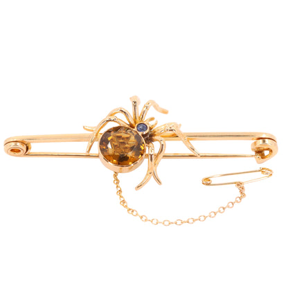 Antique 15ct Yellow Gold Sapphire Smoky Quartz Spider Brooch Safety Chain Boxed