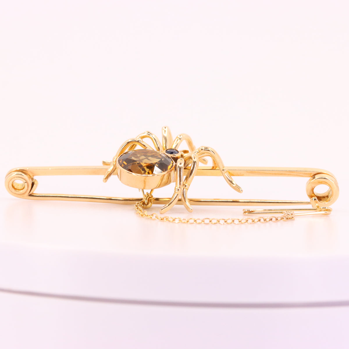 Antique 15ct Yellow Gold Sapphire Smoky Quartz Spider Brooch Safety Chain Boxed