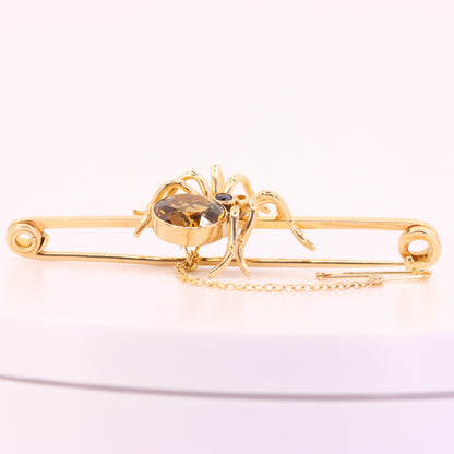 Antique 15ct Yellow Gold Sapphire Smoky Quartz Spider Brooch Safety Chain Boxed
