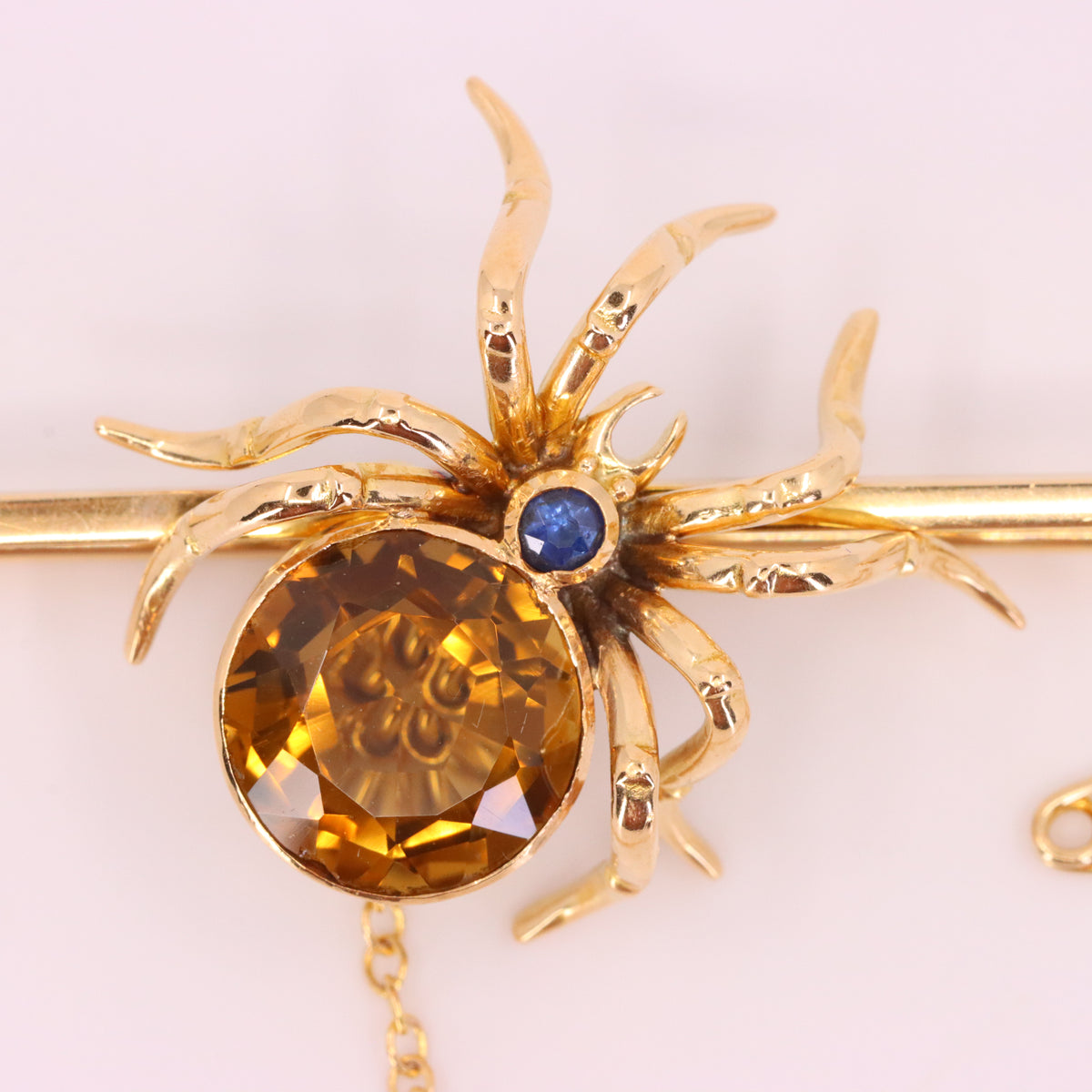 Antique 15ct Yellow Gold Sapphire Smoky Quartz Spider Brooch Safety Chain Boxed