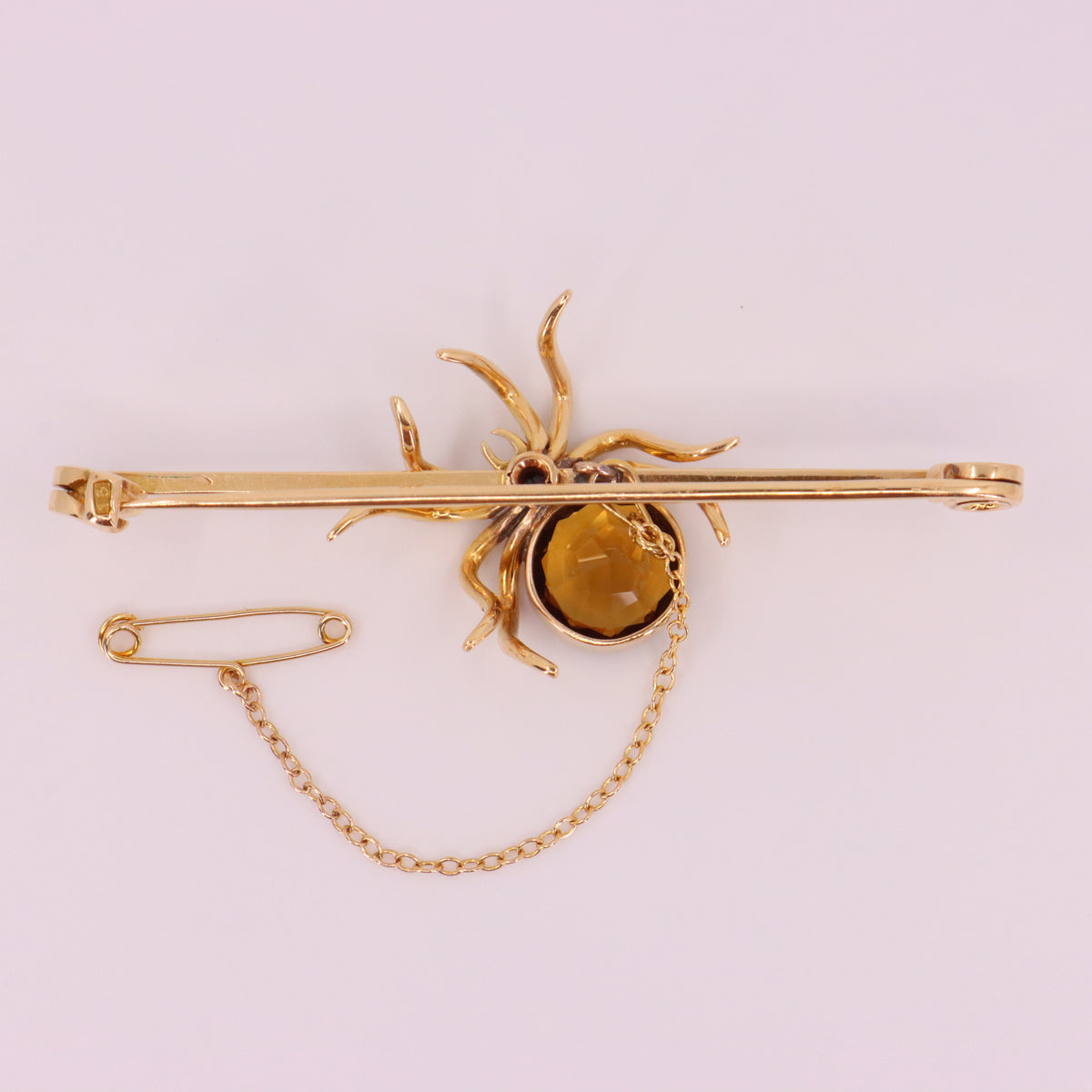 Antique 15ct Yellow Gold Sapphire Smoky Quartz Spider Brooch Safety Chain Boxed