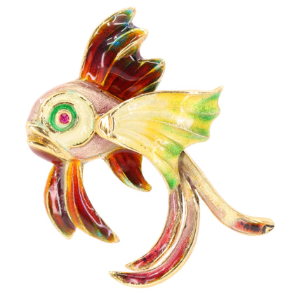 Vintage 14K Yellow Gold Enamel Tropical Fish Brooch Animal Pin Boxed Gift