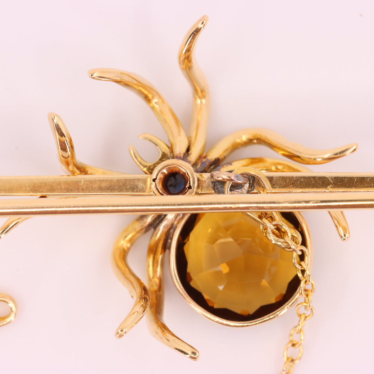 Antique 15ct Yellow Gold Sapphire Smoky Quartz Spider Brooch Safety Chain Boxed