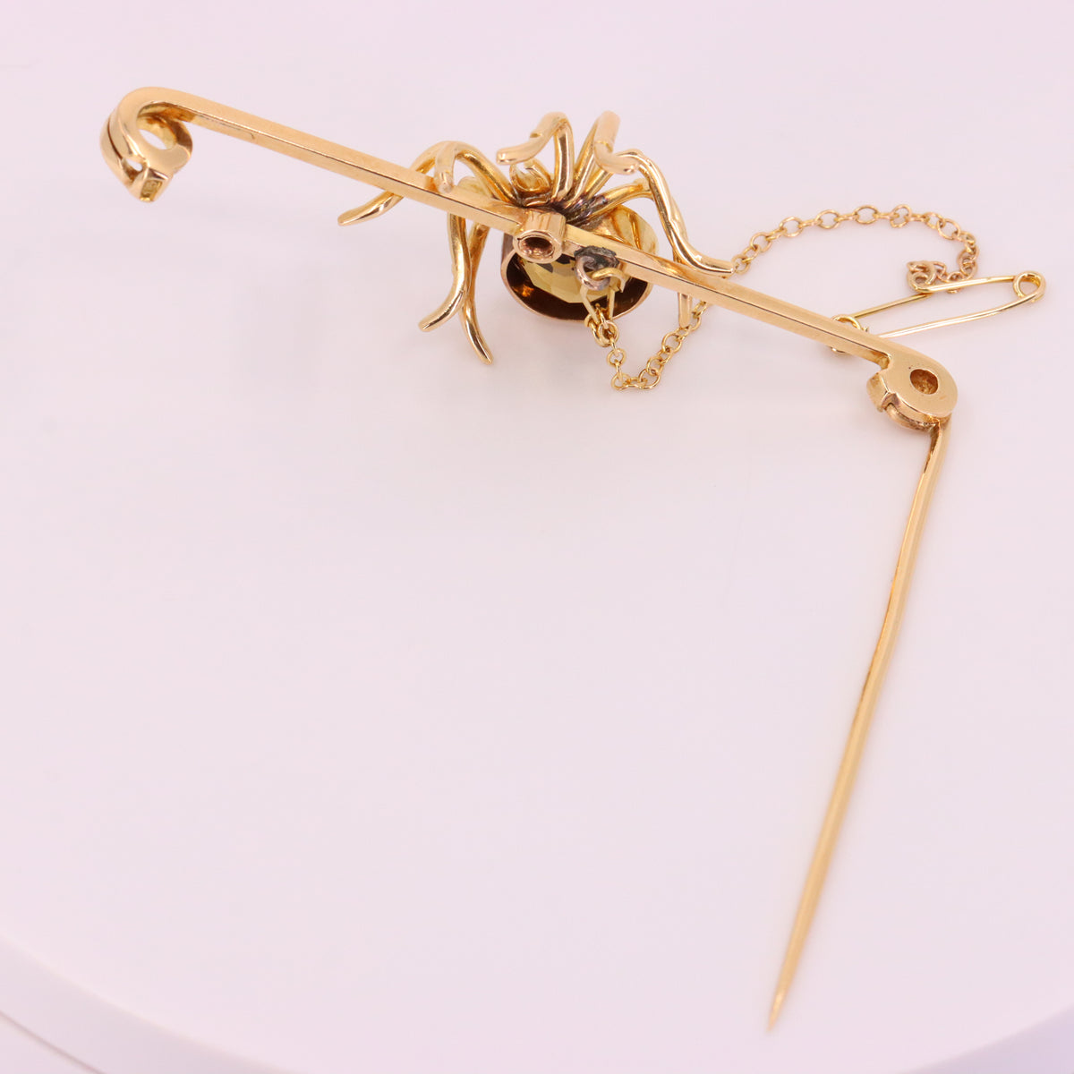 Antique 15ct Yellow Gold Sapphire Smoky Quartz Spider Brooch Safety Chain Boxed