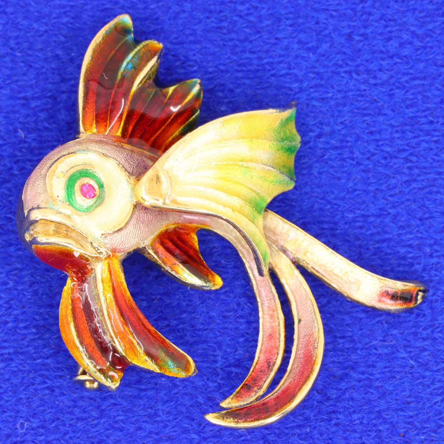 Vintage 14K Yellow Gold Enamel Tropical Fish Brooch Animal Pin Boxed Gift