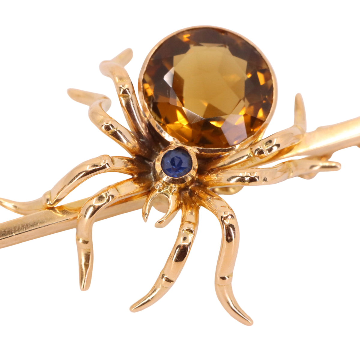 Antique 15ct Yellow Gold Sapphire Smoky Quartz Spider Brooch Safety Chain Boxed