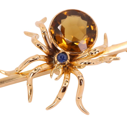 Antique 15ct Yellow Gold Sapphire Smoky Quartz Spider Brooch Safety Chain Boxed
