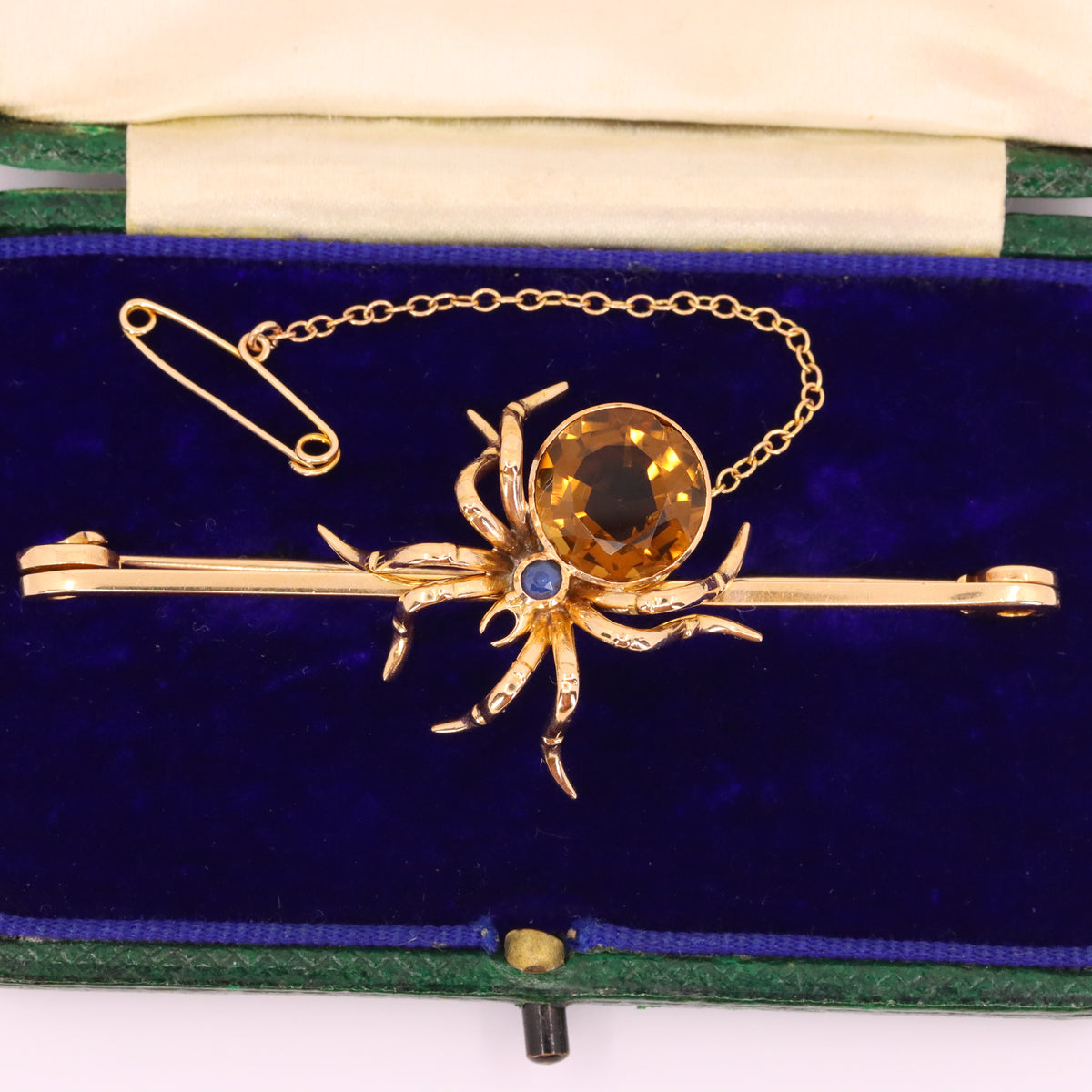 Antique 15ct Yellow Gold Sapphire Smoky Quartz Spider Brooch Safety Chain Boxed