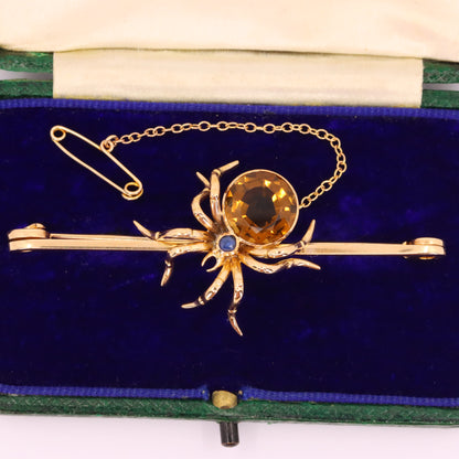 Antique 15ct Yellow Gold Sapphire Smoky Quartz Spider Brooch Safety Chain Boxed