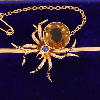 Antique 15ct Yellow Gold Sapphire Smoky Quartz Spider Brooch Safety Chain Boxed