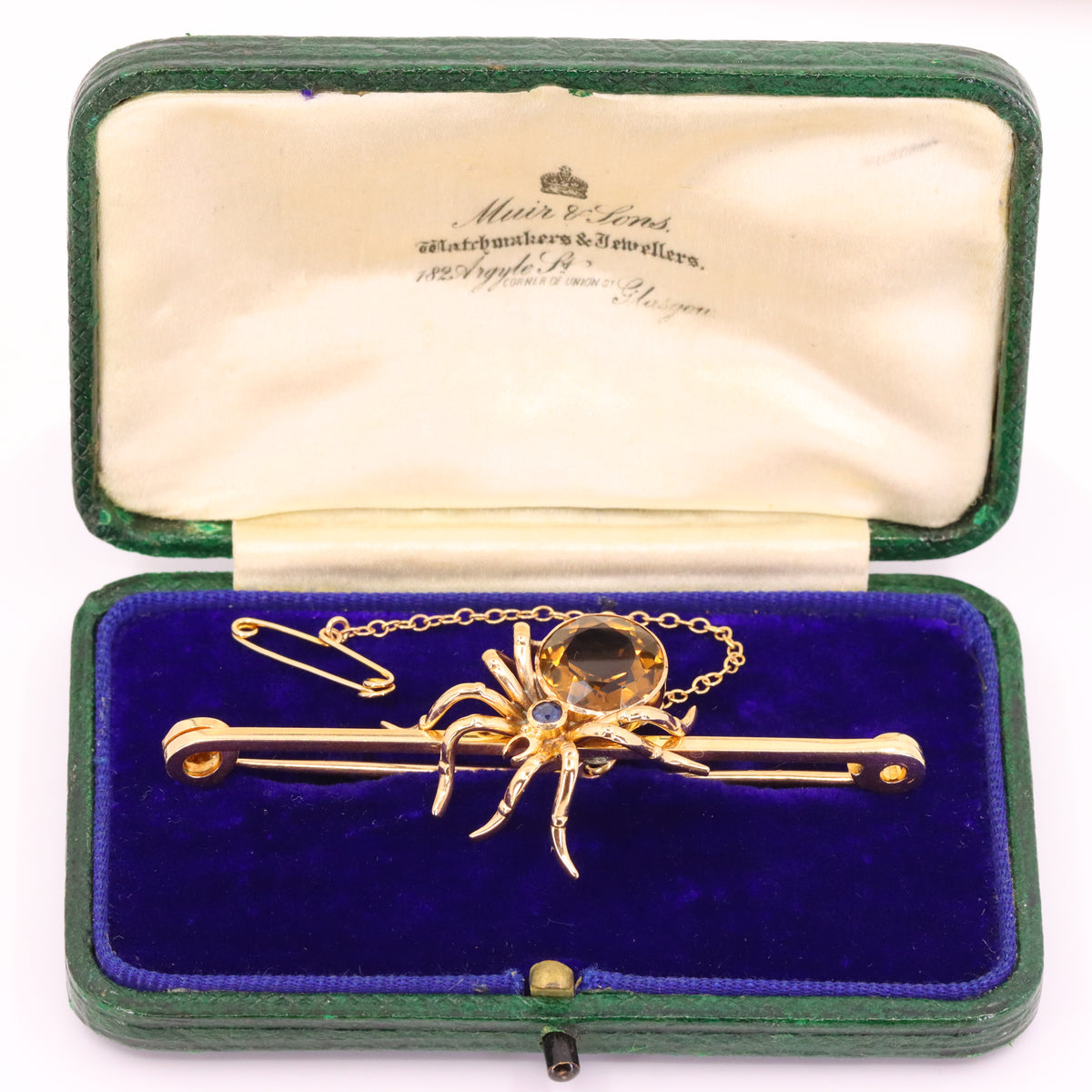 Antique 15ct Yellow Gold Sapphire Smoky Quartz Spider Brooch Safety Chain Boxed