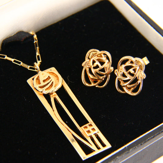 Vintage 9ct Charles Rennie Mackintosh Jewellery Set Chain Pendant Necklace & Earrings Hallmarked Yellow Gold Boxed