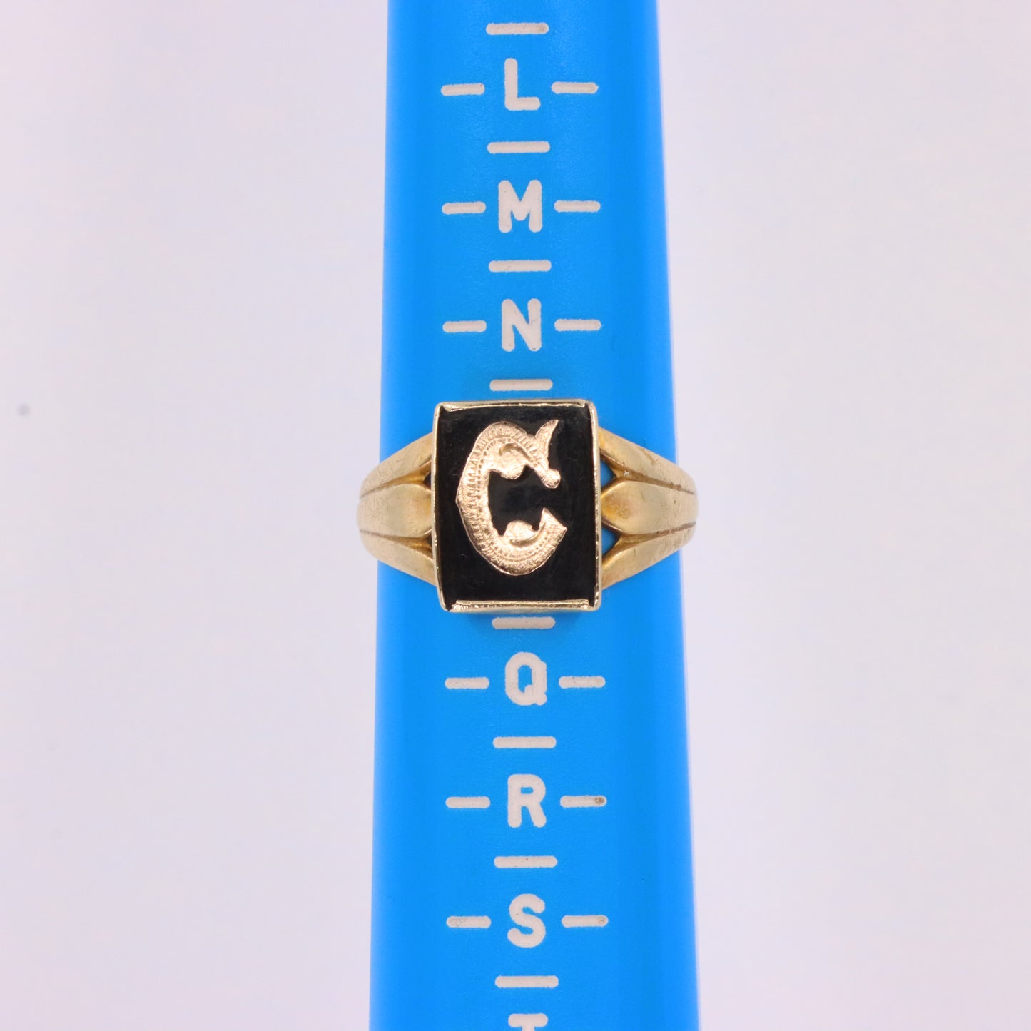 Antique 9ct Yellow Gold Onyx Victorian Mourning Ring Initial C UK Size O Boxed