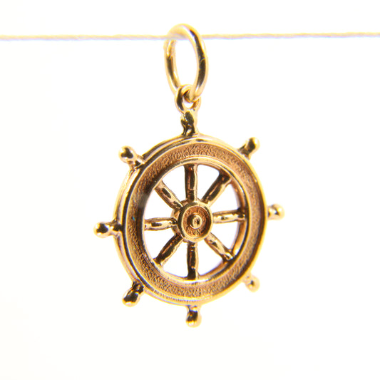 Vintage 9ct Boat Wheel Pendant Ship Charm Hallmarked 9 Carat Yellow Gold