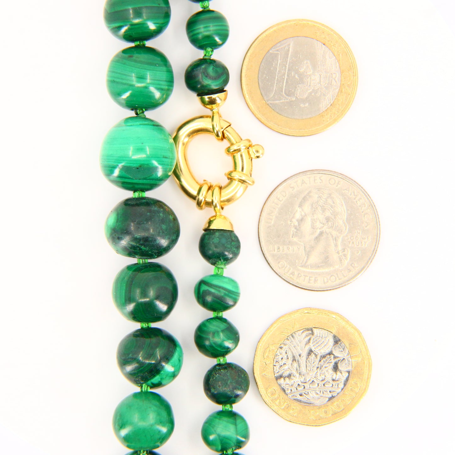 Vintage 22" Graduated Green Malachite Beaded Necklace Italian 18ct Yellow Gold Large Clasp