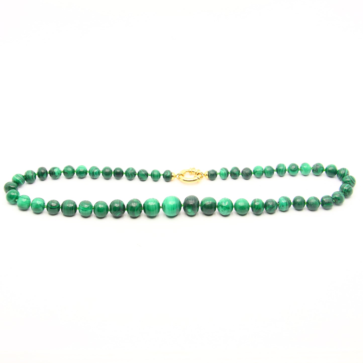 Vintage 22" Graduated Green Malachite Beaded Necklace Italian 18ct Yellow Gold Large Clasp