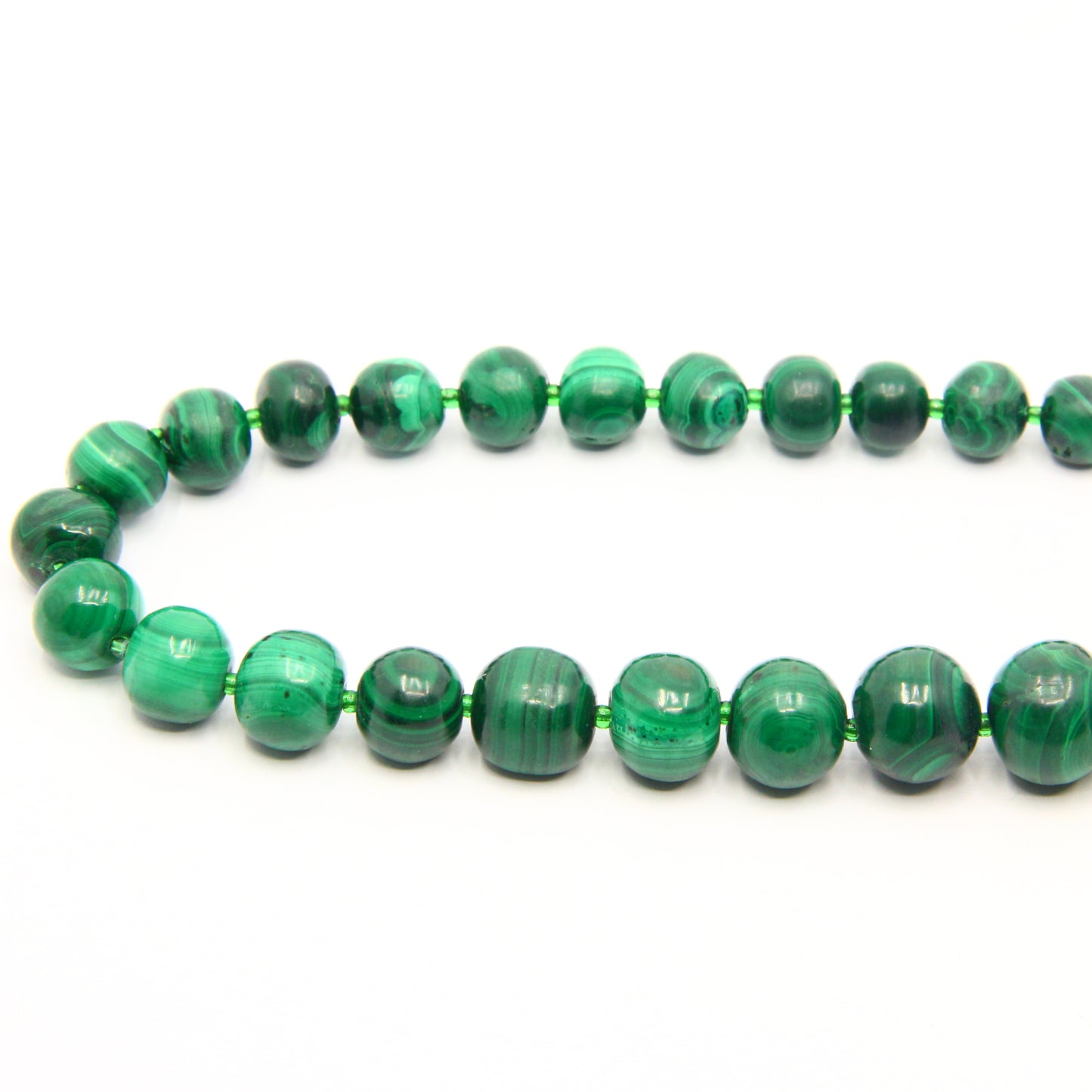 Vintage 22" Graduated Green Malachite Beaded Necklace Italian 18ct Yellow Gold Large Clasp