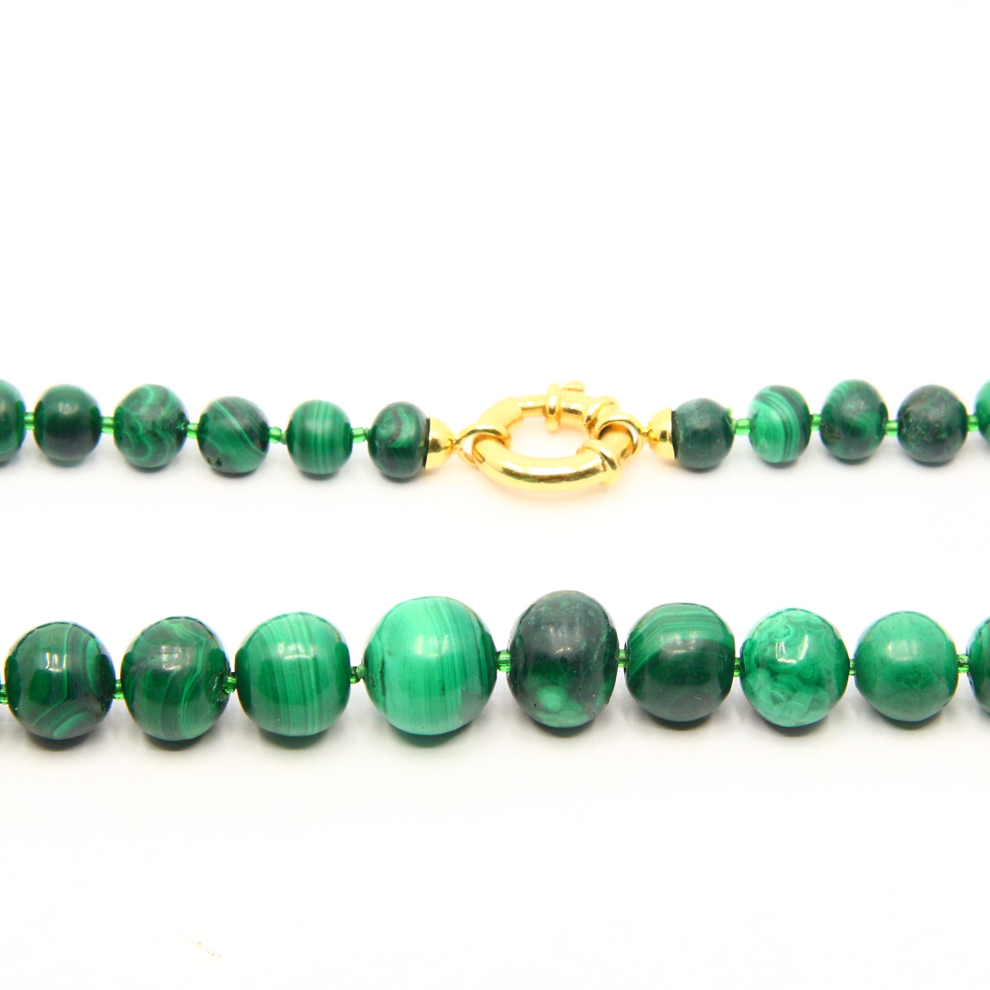 Vintage 22" Graduated Green Malachite Beaded Necklace Italian 18ct Yellow Gold Large Clasp