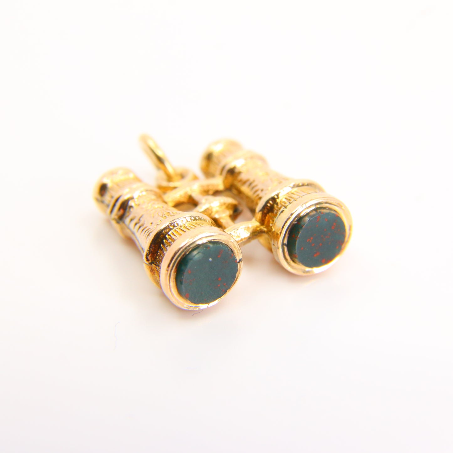 Vintage 9ct Miniature Binoculars Charm Bloodstone Medal Pendant Yellow Gold