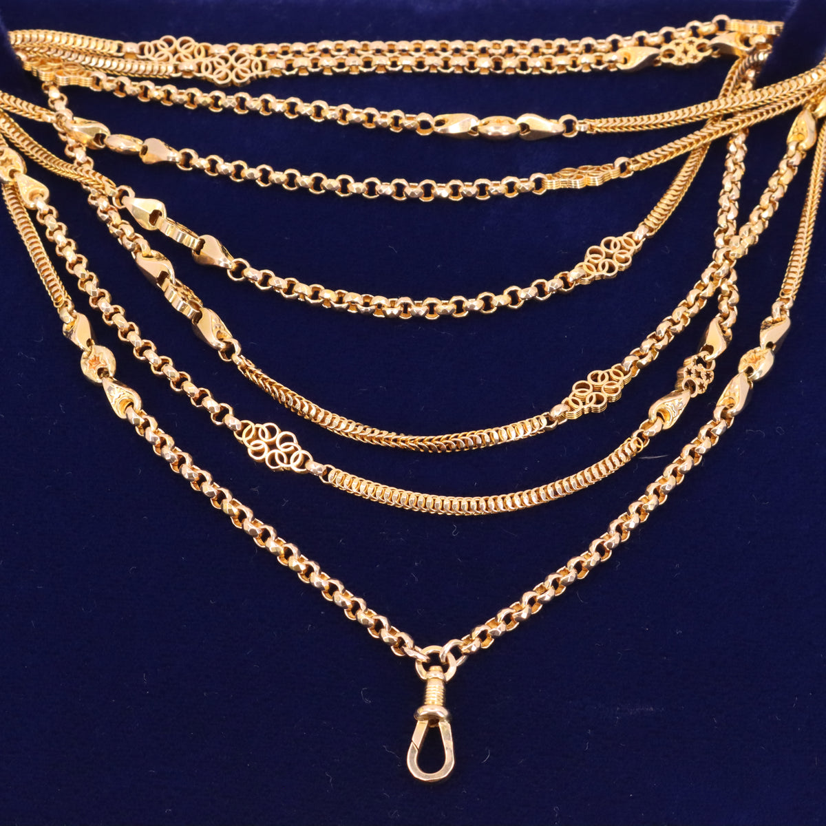 Antique 9ct Yellow Gold 64 Inch Muff Guard Chain Necklace Fancy Link Boxed Gift