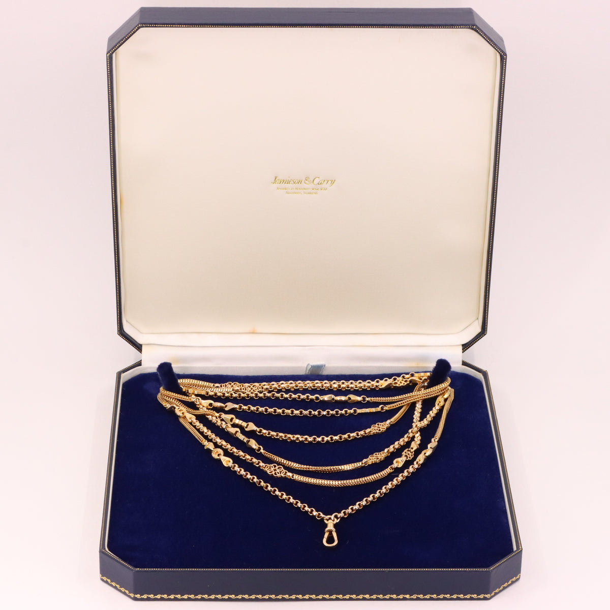 Antique 9ct Yellow Gold 64 Inch Muff Guard Chain Necklace Fancy Link Boxed Gift