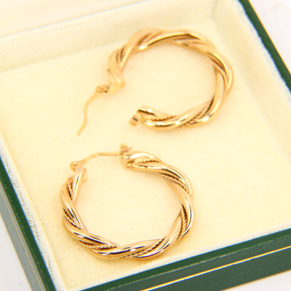 Vintage 9ct Twist Strand Hoop Earrings 9 Carat Yellow Gold Boxed Gift