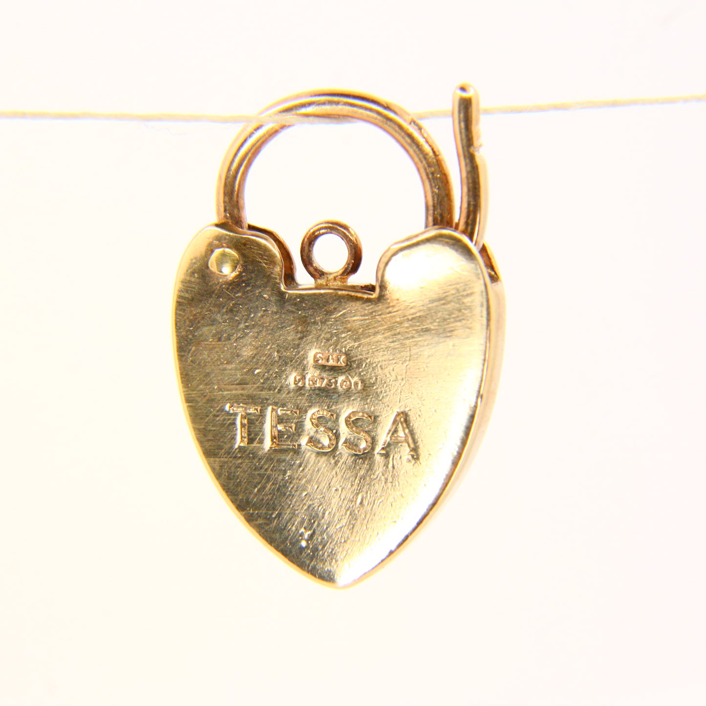 Vintage 9ct Engraved TESSA Heart Lock Gold Charm Padlock Closer Pendant Hallmarked