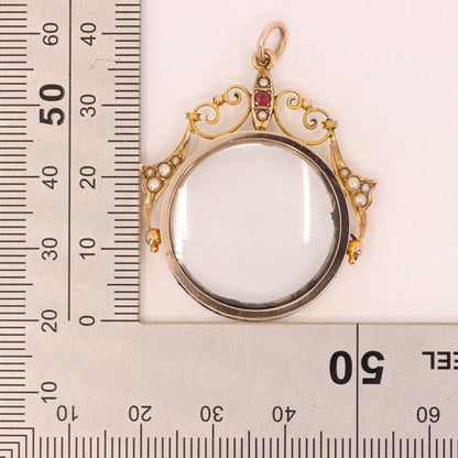 Antique 9ct Yellow Gold Ornate Seed Pearl Double Photo Drop Pendant Keepsake Gift