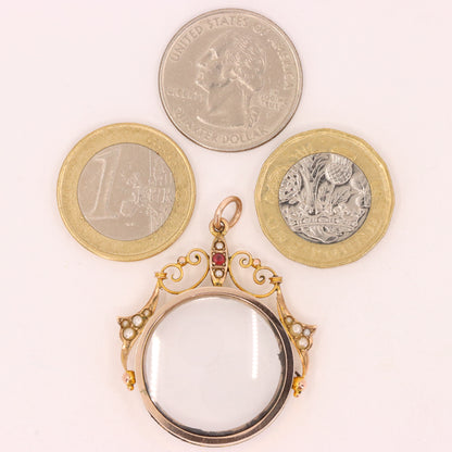 Antique 9ct Yellow Gold Ornate Seed Pearl Double Photo Drop Pendant Keepsake Gift