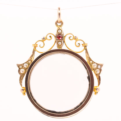 Antique 9ct Yellow Gold Ornate Seed Pearl Double Photo Drop Pendant Keepsake Gift