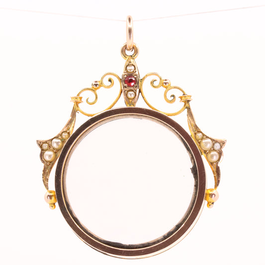 Antique 9ct Yellow Gold Ornate Seed Pearl Double Photo Drop Pendant Keepsake Gift