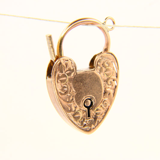 Vintage 9ct Engraved Heart Lock Gold Charm Padlock Closer Pendant