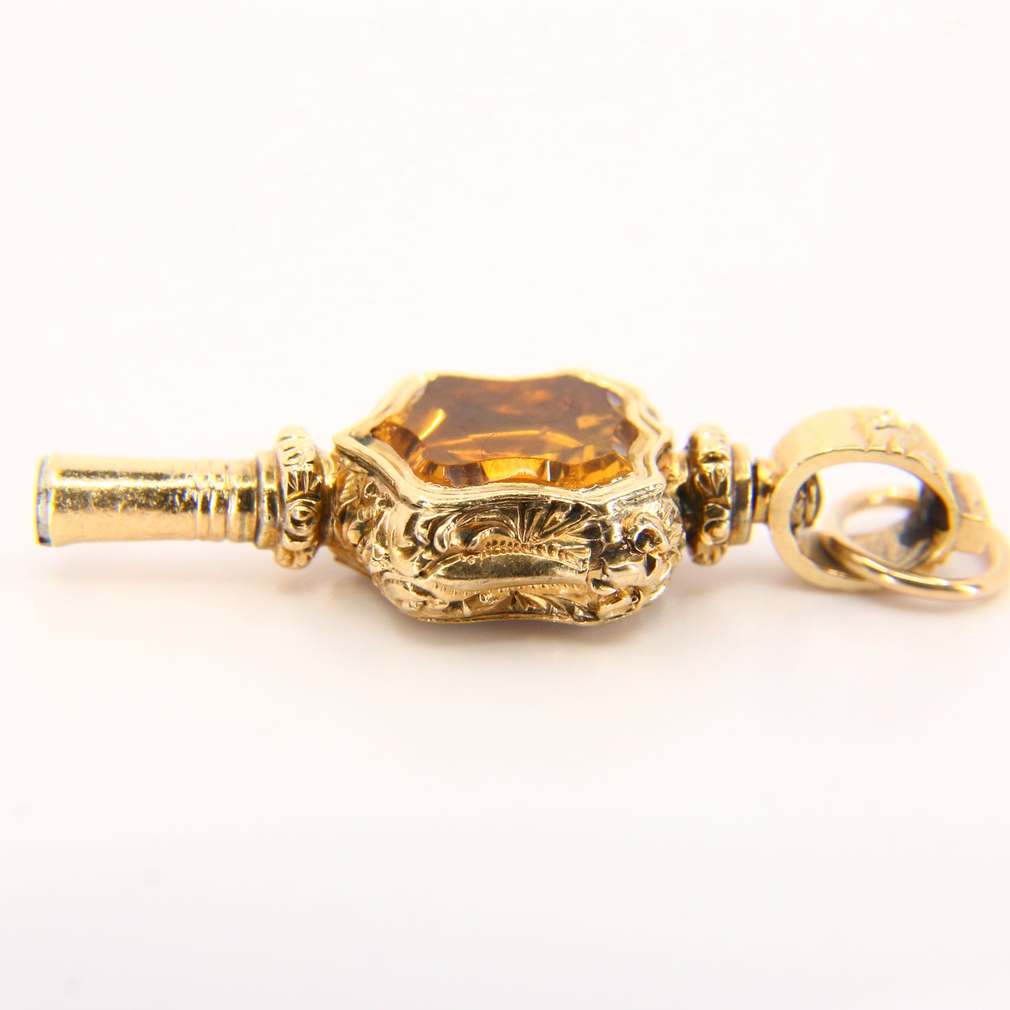 Antique 9ct Key Charm Foil Back & Chalcedony Decorative Watch Key Yellow Gold Pendant