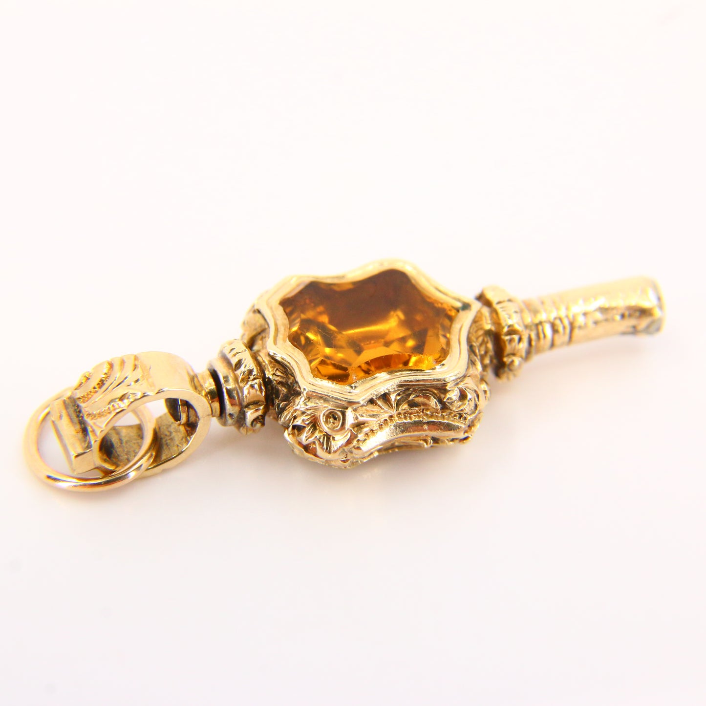 Antique 9ct Key Charm Foil Back & Chalcedony Decorative Watch Key Yellow Gold Pendant