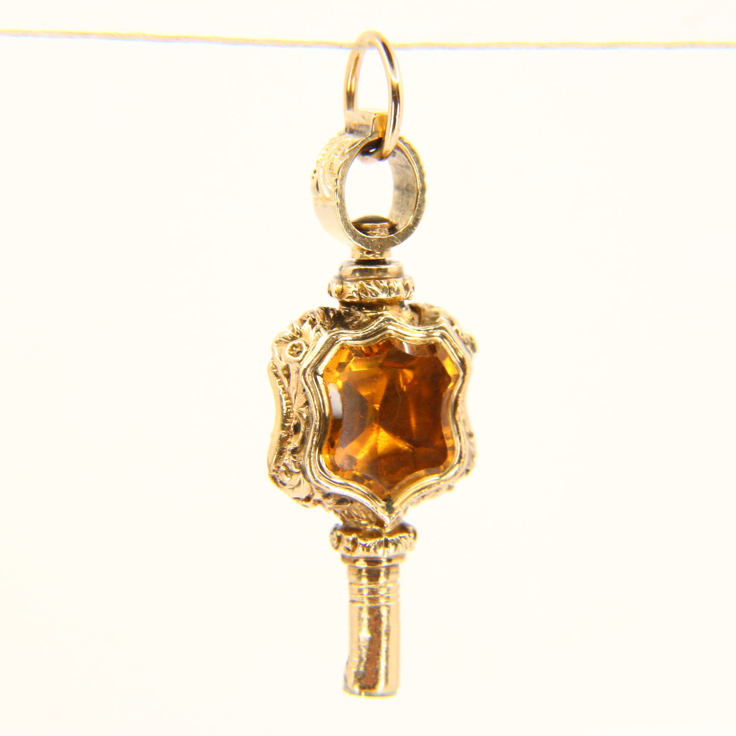 Antique 9ct Key Charm Foil Back & Chalcedony Decorative Watch Key Yellow Gold Pendant