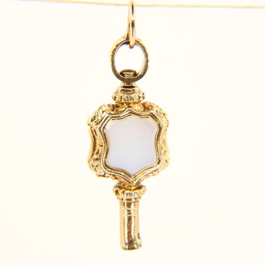 Antique 9ct Key Charm Foil Back & Chalcedony Decorative Watch Key Yellow Gold Pendant