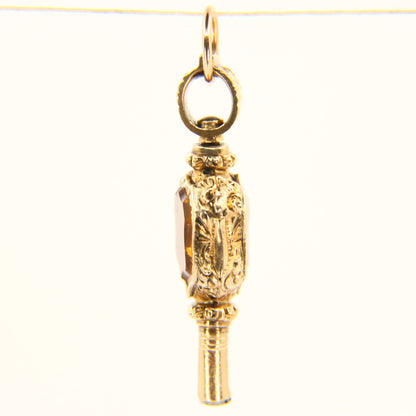 Antique 9ct Key Charm Foil Back & Chalcedony Decorative Watch Key Yellow Gold Pendant