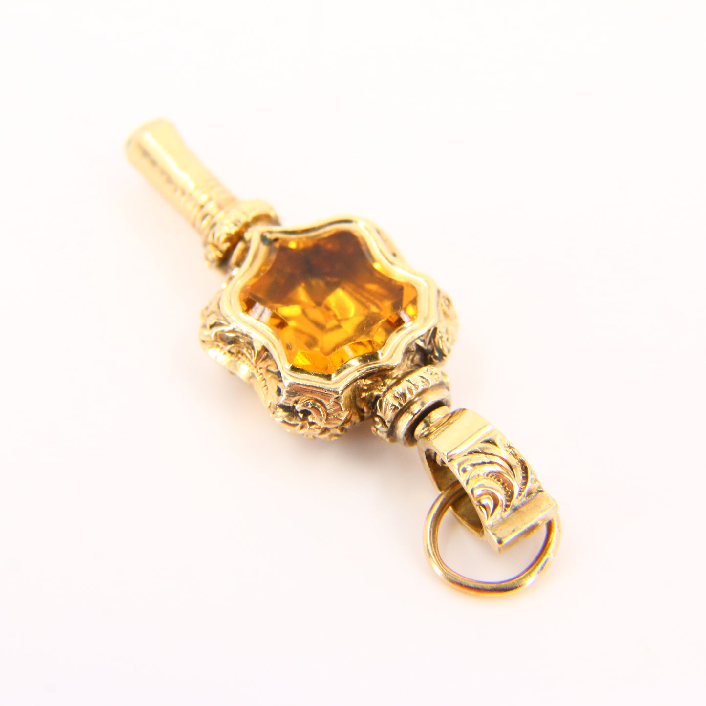 Antique 9ct Key Charm Foil Back & Chalcedony Decorative Watch Key Yellow Gold Pendant