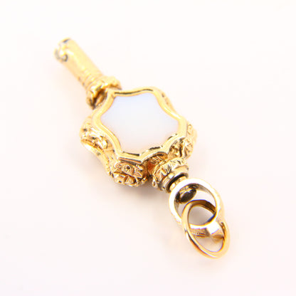 Antique 9ct Key Charm Foil Back & Chalcedony Decorative Watch Key Yellow Gold Pendant