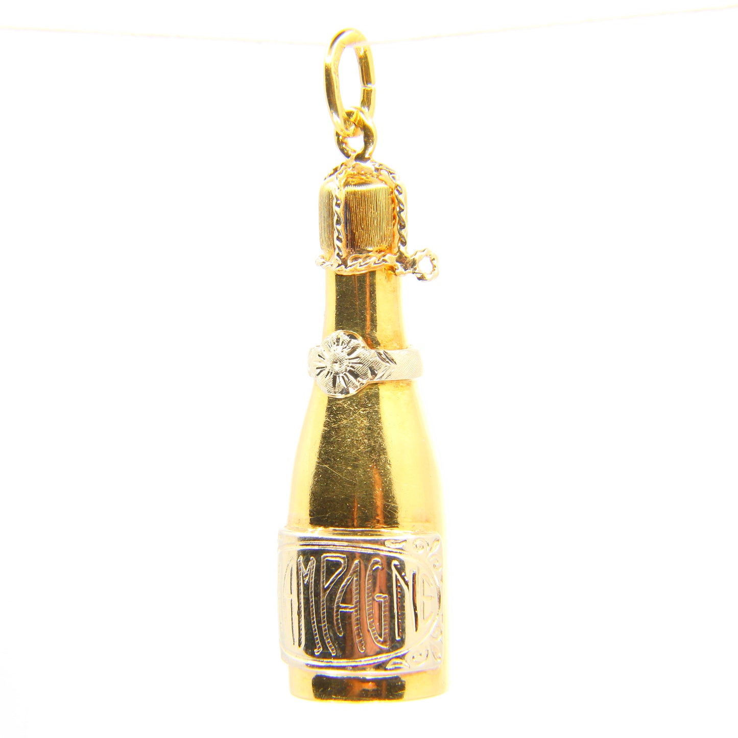 Vintage Large 18K Champagne Bottle Pendant 18 Carat Yellow Gold Charm